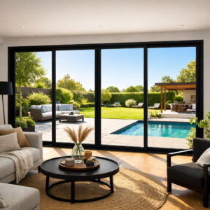 Baie vitrée coulissante 4 vantaux en aluminium noir RAL 9005 donnant sur un jardin contemporain ensoleillé vue depuis le salon