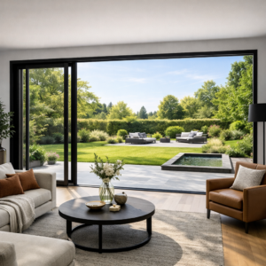 Baie vitrée coulissante à galandage 4 vantaux en aluminium noir RAL 9005 ouverte sur un jardin paysager moderne vue depuis le salon