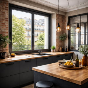 Fenêtre aluminium gris anthracite RAL 7016 installée dans une cuisine style industriel d’un appartement parisien avec murs briques et verrière atelier