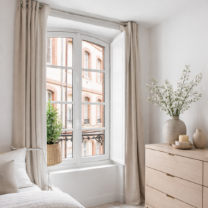 Fenêtre bois blanche installée dans un appartement parisien style haussmannien avec vue sur façade en brique et balcon en ferronnerie