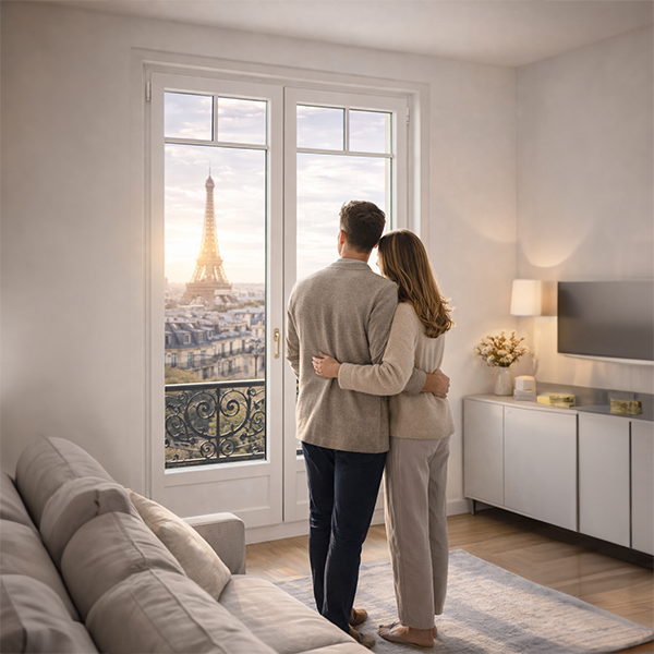 Couple devant une fenêtre bois blanche moderne avec petits bois et vue sur la Tour Eiffel à Paris