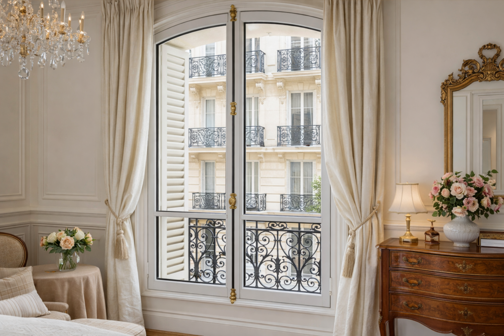 Fenêtres mixtes bois aluminium et PVC aluminium sur mesure dans une salle à manger contemporaine en Île-de-France