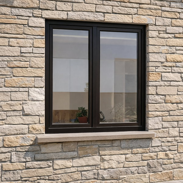 Fenêtre mixte bois aluminium installée sur façade en pierre naturelle en Île-de-France