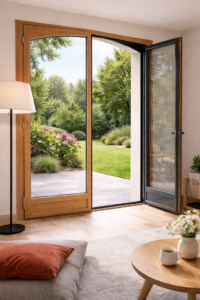 Fenêtre mixte bois aluminium ouverte vers jardin – Menuiserie sur mesure combinant performance thermique et design moderne