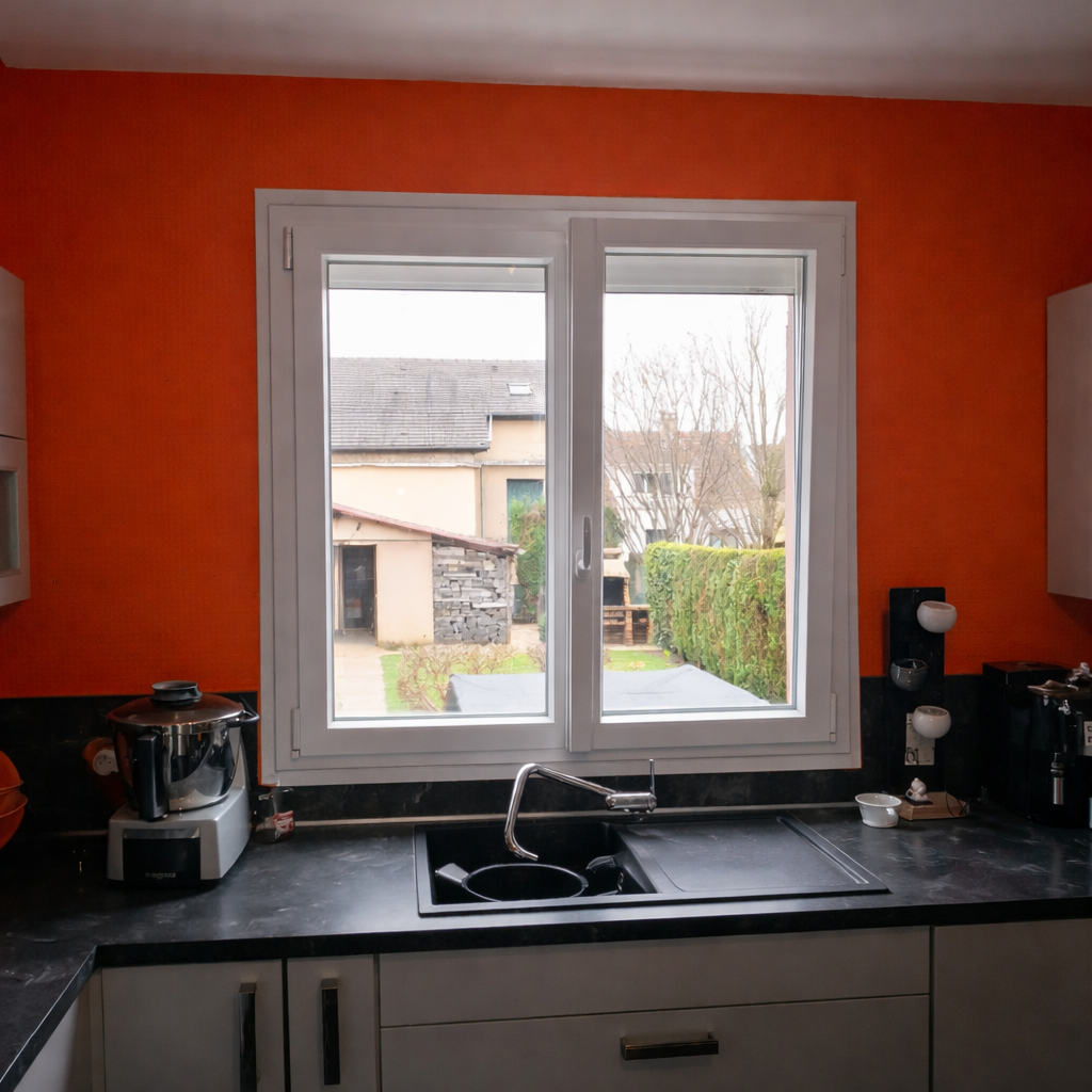 Fenêtre PVC blanche installée dans une cuisine de maison en Île-de-France
