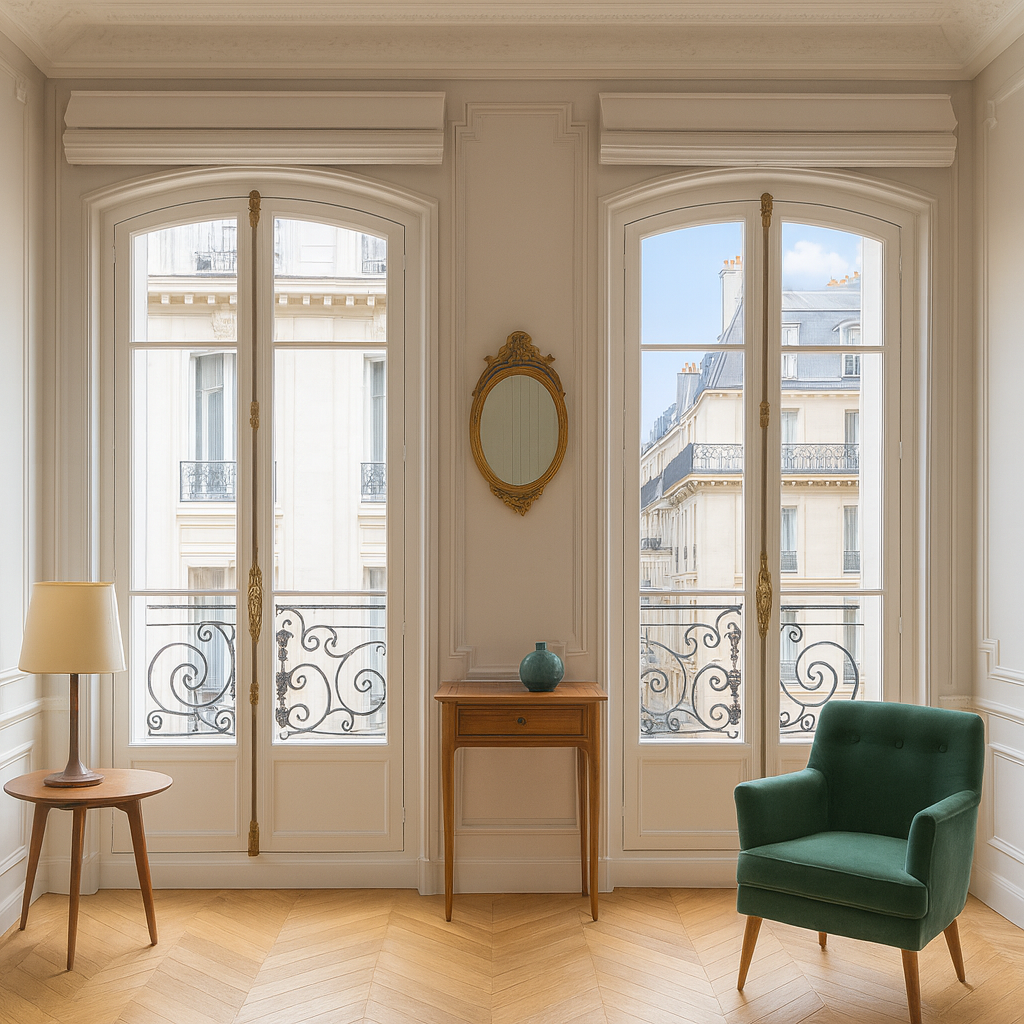 Fenêtres bois sur mesure dans un appartement haussmannien avec balcon en ferronnerie et parquet en point de Hongrie