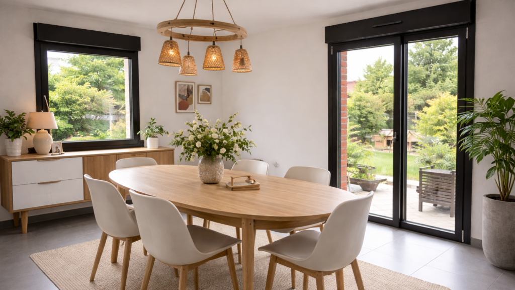 Fenêtres mixtes bois aluminium et PVC aluminium sur mesure dans une salle à manger contemporaine en Île-de-France