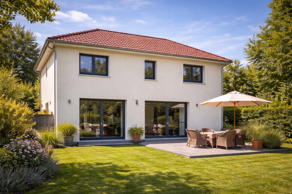 Maison de deux étages avec fenêtres PVC anthracite RAL 7016 en Île-de-France