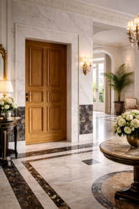 Porte blindée pour appartement parisien style haussmannien avec finition bois et encadrement mouluré.