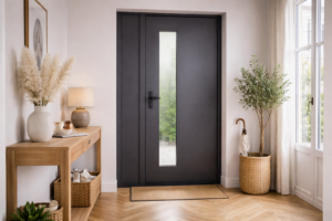 Porte d’entrée aluminium anthracite moderne avec vitrage vertical et poignée noire installée dans une entrée contemporaine.