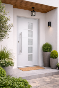 Porte d’entrée PVC blanche moderne avec panneaux vitrés dépolis et poignée inox – Maison contemporaine