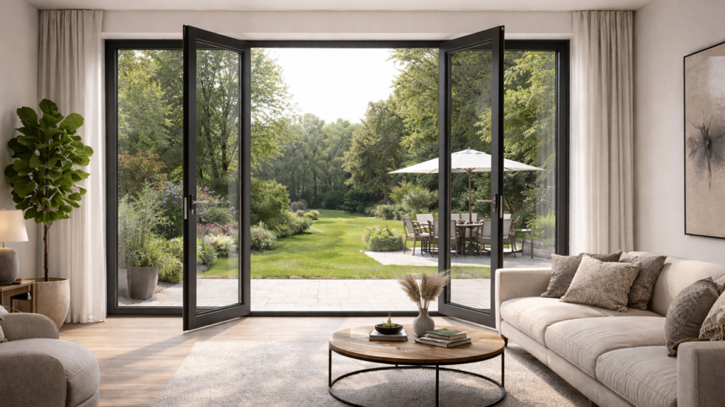 Porte-fenêtre aluminium à la française dans un salon contemporain donnant sur un jardin paysager lumineux