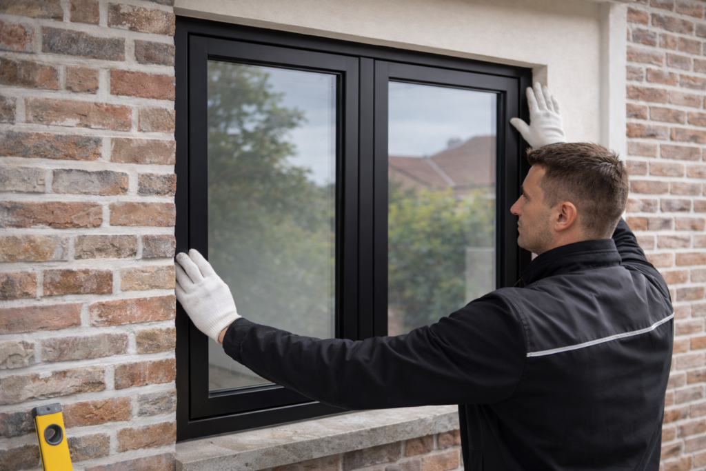 Pose d’une fenêtre aluminium noire à la française par un installateur en Île-de-France