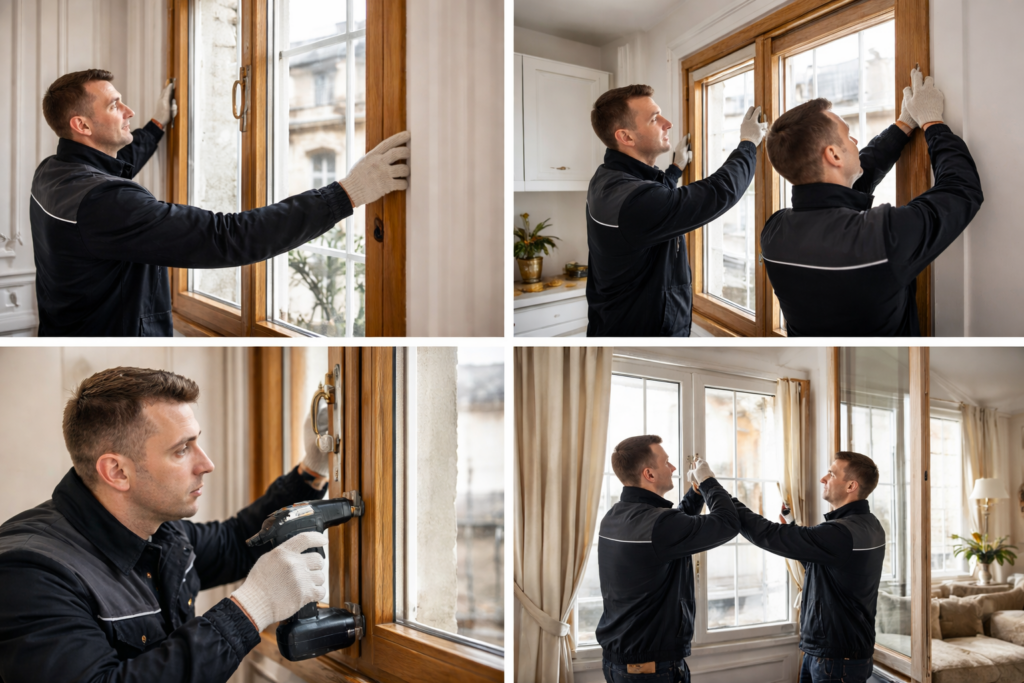 Artisan installant une fenêtre bois sur mesure lors d’une rénovation d’appartement en Île-de-France