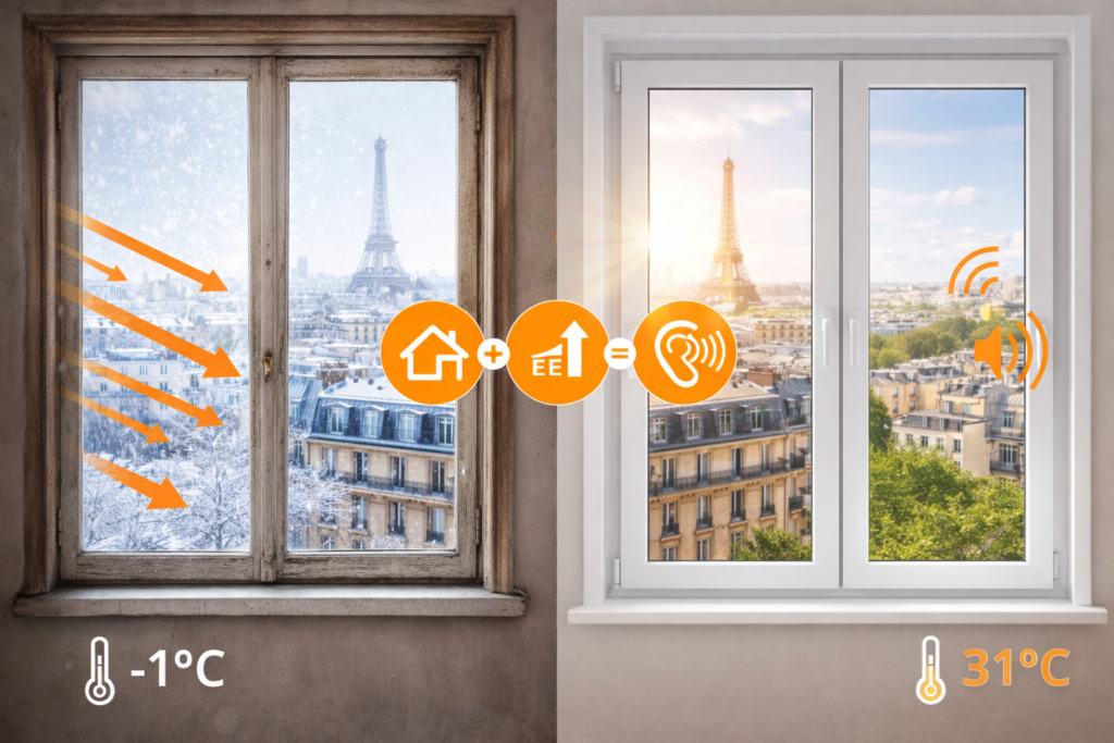 Comparaison entre anciennes fenêtres bois peu isolantes et nouvelles fenêtres PVC sur mesure améliorant isolation thermique et acoustique à Paris