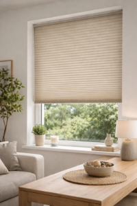 Store plissé intérieur tamisant installé sur fenêtre moderne