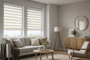 Store rouleau intérieur tamisant installé dans un salon moderne lumineux