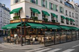 Stores bannettes verts installés sur façade de restaurant en angle dans un style urbain