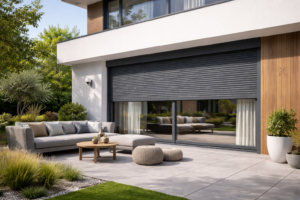 Volet roulant aluminium anthracite sur baie vitrée d’une maison individuelle contemporaine avec terrasse.